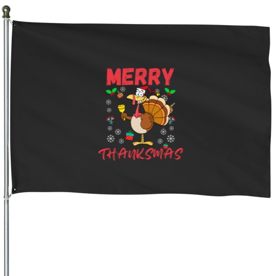 Discover Merry Thanksmas Funny Thanksgiving and Christmas 2024 Combo House Flags