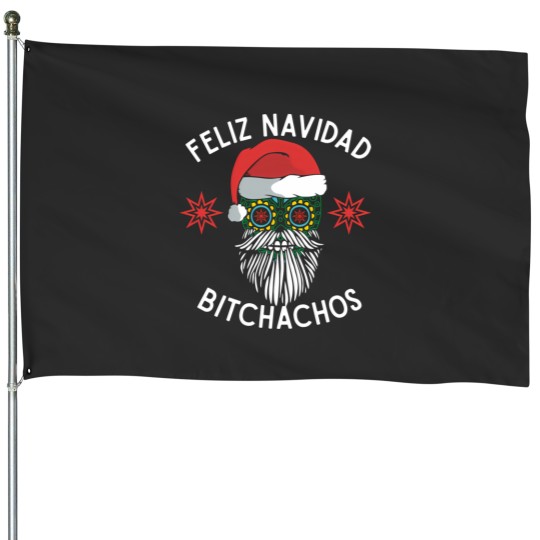 Discover Feliz Navidad Bitchachos Merry Spanish Christmas Mexican Sugar Skull In Santa'S Hat House Flags