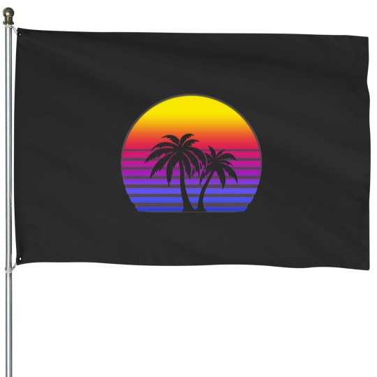 Discover Synthwave Sun Palm Trees House Flags