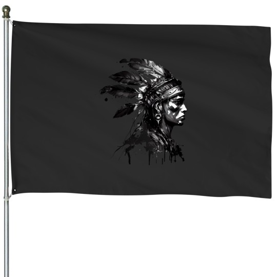 Discover Aztec Warrior in Black Ink House Flags