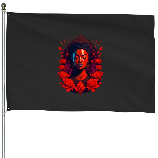 Discover The red female buddha, digital art House Flags