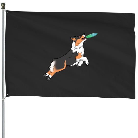 Discover Black Tri Australian Shepherd Catching Disc House Flags
