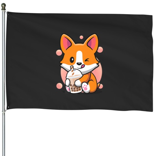 Discover Corgi Boba Tea Funny Puppy Drinking Bubble Tea Dog Novelty House Flags