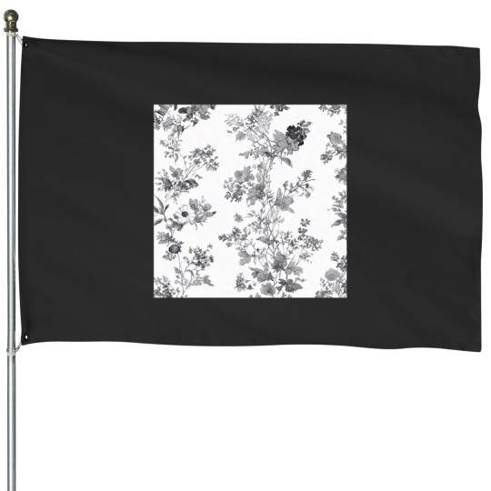 Discover Monochrome Wildflower Toile de Jouy Pattern House Flags