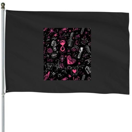 Discover Emo Rpg Pattern Dark Gray Deep Pink  Black With Heart Guitar Pick Stars  Script House Flags