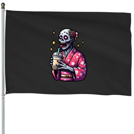 Discover zombie drinking bubble tea japanese kimono 1 House Flags