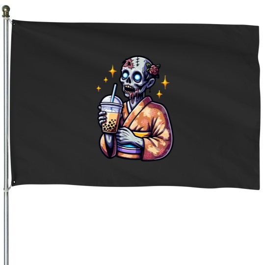 Discover zombie drinking bubble tea japanese kimono 1 House Flags