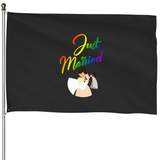 Discover Just Married Double Bride Lesbian Couple Rainbow House Flags