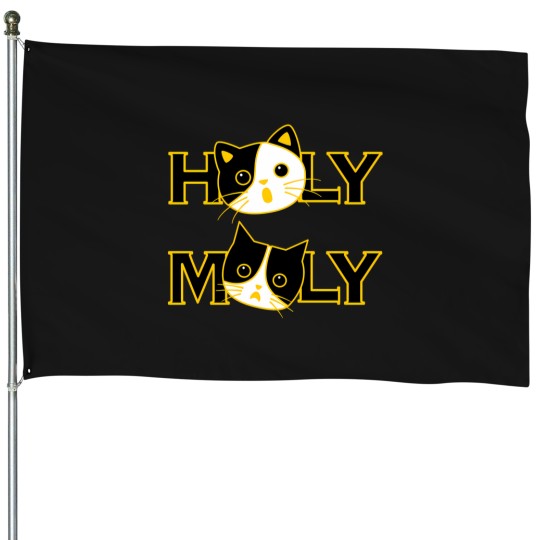 Discover Funny 'Holy Moly' Cat Design Expressive Black And Yellow Cartoon Art House Flags