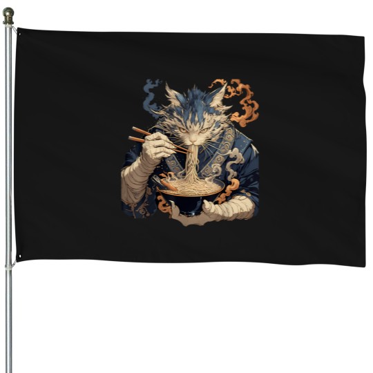 Discover Japanese Art Ramen Cat Ninja Ukiyo-E Anime Style Samurai Cat T-Shirt (13) House Flags