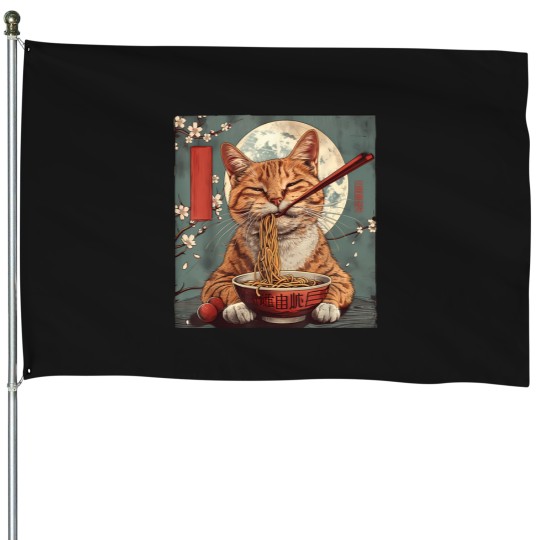 Discover Japanese Art Ramen Cat Ninja Ukiyo-E Anime Style Samurai Cat T-Shirt House Flags