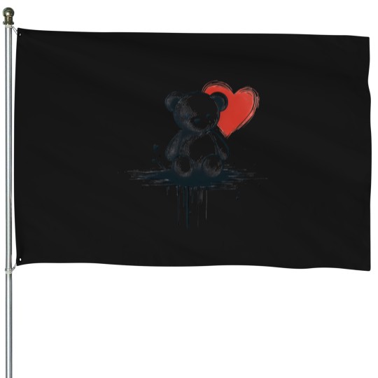 Discover Cute Teddy Bear With Hearts (Ink Design) (4) House Flags