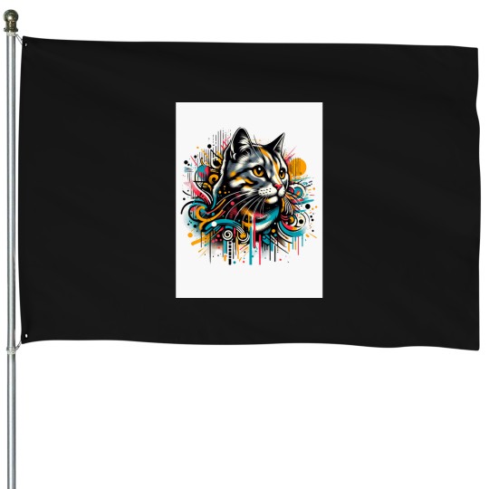 Discover Graffiti Style Cat Art House Flags