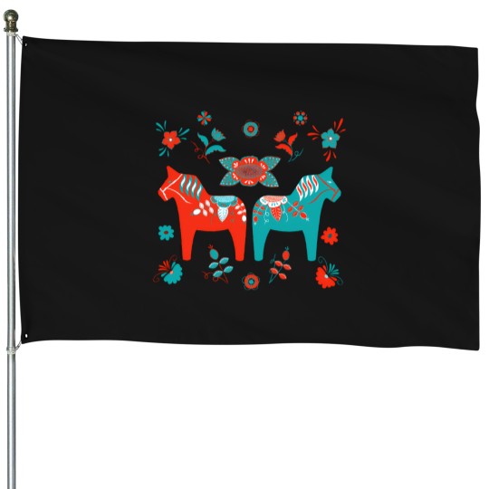 Discover Folk Art - Swedish Dala Horses - Red Turquiose T-Shirt House Flags