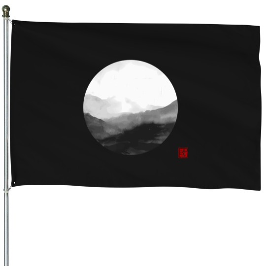 Discover Abstract Japanese Landscape With Mountains And Calligraphy T-Shirt House Flags