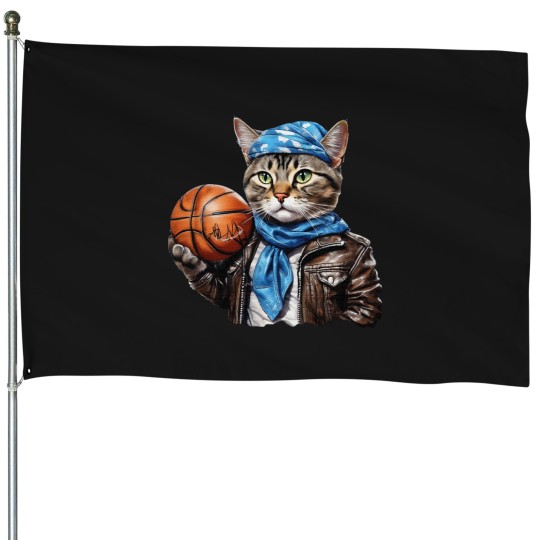 Discover street cat wearing a leather jacket and bandana holding a basketball House Flags