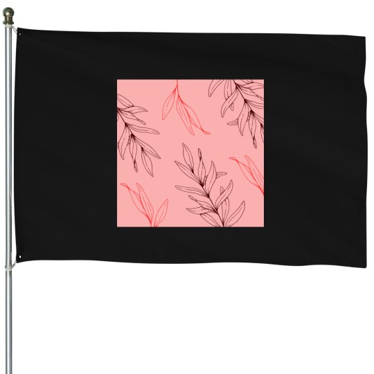 Discover Pink Red Tropical Leaves Line Drawing   T-Shirt House Flags