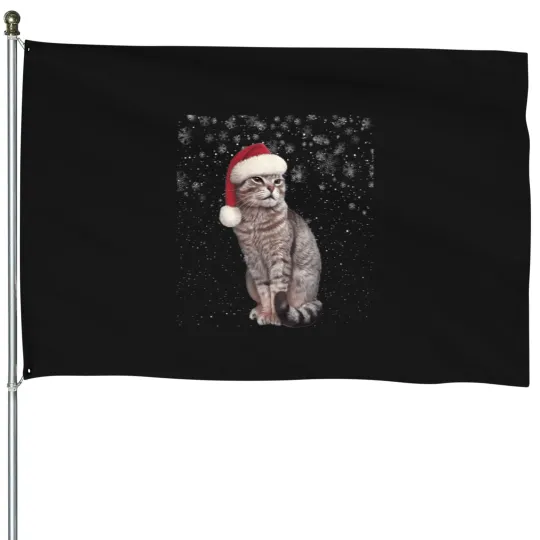 Discover Funny-Christmas-Cat-Wearing-A-Christmas-Hat-For-Kids T-Shirt House Flags