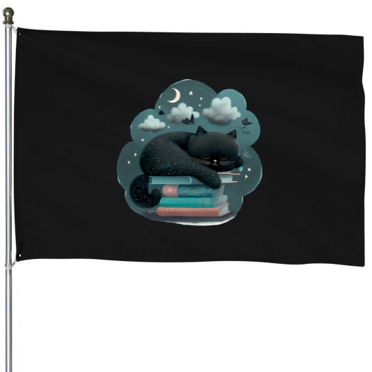 Discover Black Cat sleep with the moon House Flags