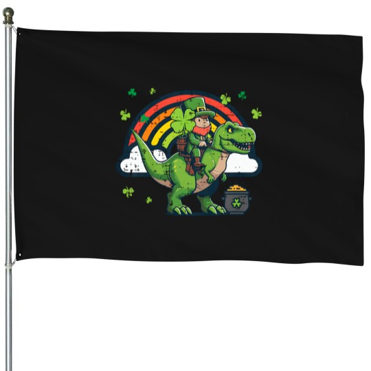Discover Kids-St-Patricks-Day-Leprechaun-On-Dino-Saint-Pattys-Toddler-Boys-T-Shirt House Flags