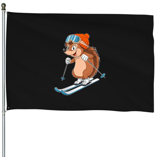 Discover Cute-Hedgehog-Skiing-In-Winter-Sports-T-Shirt House Flags