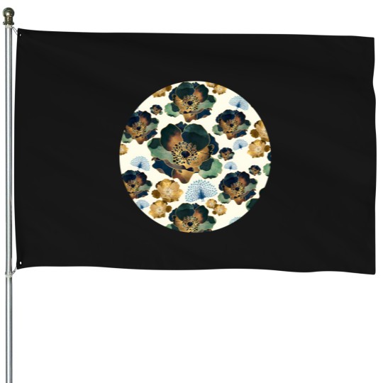 Discover Indigo Flowers And Peacocks House Flags