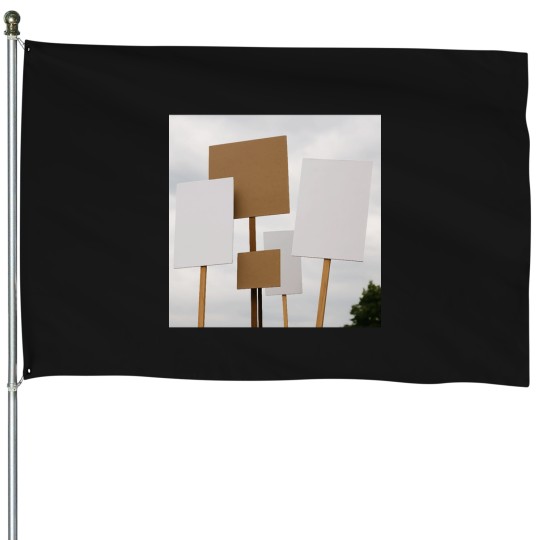 Discover protest scene with five blank signs of varying sizes - held up by wooden sticks Classic House Flags