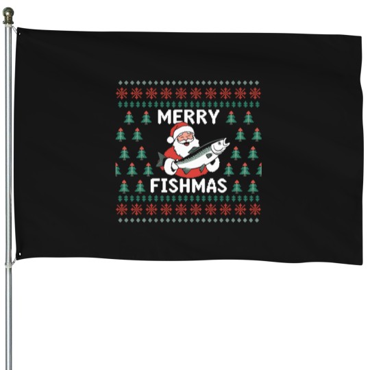 Discover Fisherman-Funny-Christmas-Pajama-Merry-Fishmas-Ugly-Fishing-Active-T-Shirt House Flags