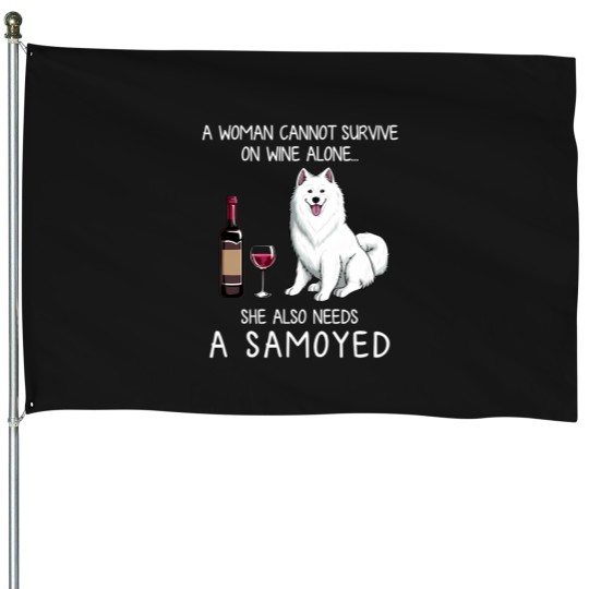 Discover Samoyed and wine Funny dog House Flags