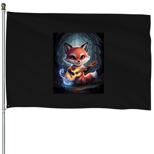 Discover Fox Portrait playing guitar musical character fantasy whimsical House Flags