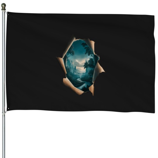 Discover Forest-Scene-That-Peeks-Through-Rip--Ped T-Shirt House Flags
