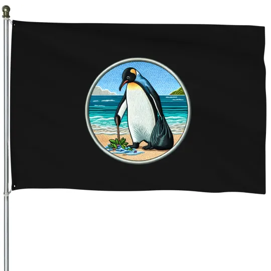 Discover Beach Cleanup Penguin Embroidery-Style Ocean Advocate House Flags