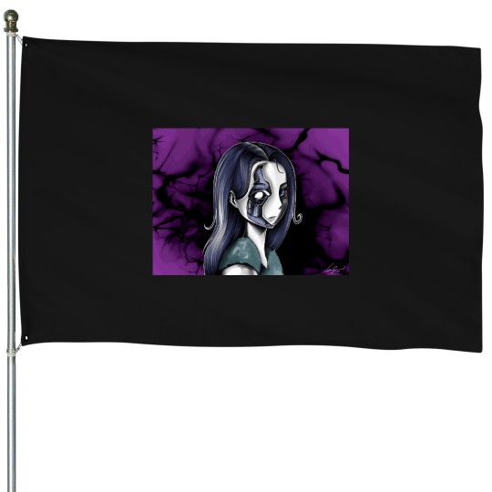 Discover 7509-Dark-And-Mystical-Illustration-Of-An-Anime-Style-Woman-Long-T-Sh House Flags