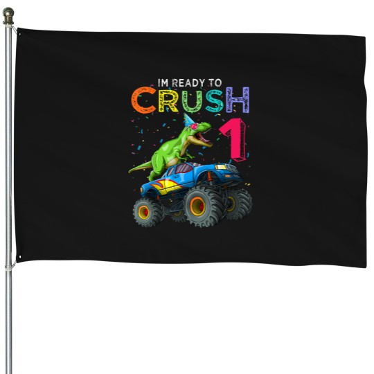Discover Dinosaur-T-Rex-Monster-Truck-1St-Birthday-1-Yr-Old-Bday-Gift-T-Shirt House Flags