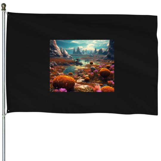Discover Vibrant Alien Landscape Photo-Realistic Digital Art Of An Exotic World With Mossy Spores And Stone Formations Active T-Shirt 855 House Flags