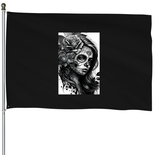 Discover Black and White Day of the Dead Girl Tattoo Style Art Print House Flags