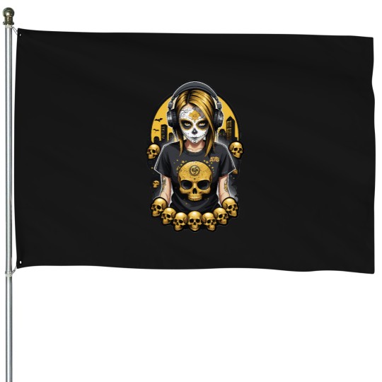 Discover Sugar Skull Girl in Black with Golden Skulls (Signature Series 3 of 5) House Flags