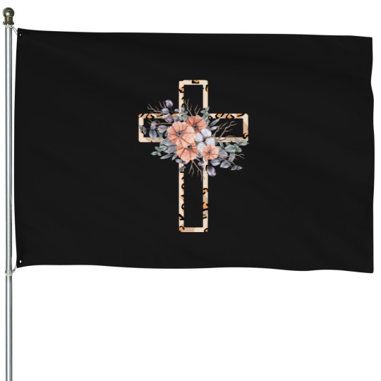 Discover Floral Leopard Print crosss Watercolor Essential House Flags