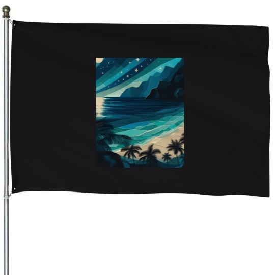 Discover 7297 Evening Beach Cove - Geometric - Serene Night Graphic T-Shirt House Flags