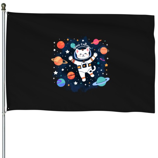 Discover Space Explorer Cat Brave Feline on a Cosmic Mission House Flags