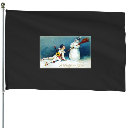 Discover Vintage New Year's Day Boy And Snow House Flags