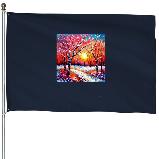 Discover Cherry trees in snow 4 House Flags