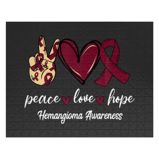 Discover Peace Love Cure Hemangioma Burgundy Ribbon Awarene Jigsaw Puzzles
