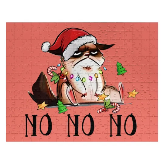 Discover Ugly Christmas Cat Wearing Xmas Hat Say "No No No" Jigsaw Puzzles