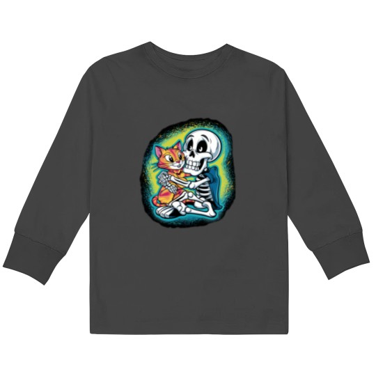 Discover HALLUAN-skeleton hugging cat hoddie design digital art Kids Long Sleeve T-Shirts