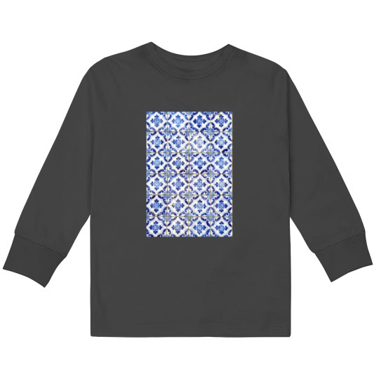 Discover Portuguese tiles. Blue flowers and leaves Long Kids Long Sleeve T-Shirts