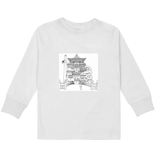 Discover Spirited Away Bathhouse with Chihiro but a simple line drawing Classic Kids Long Sleeve T-Shirts