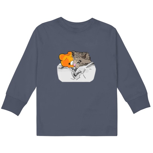 Discover Sad Kitten Cat Crying bed with Teddy Meme Kids Long Sleeve T Shirts