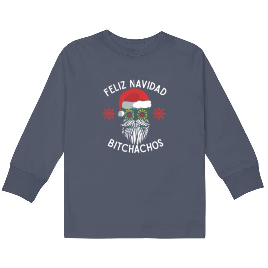 Discover Feliz Navidad Bitchachos Merry Spanish Christmas Mexican Sugar Skull In Santa'S Hat Kids Long Sleeve T Shirts
