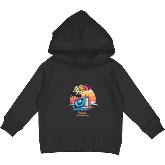 Discover Aloha, Hawaii, paradise for surfers,cool graphic with hawaiian "shaka" gesture Kids Pullover Hoodies